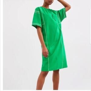 Zara Emerald Green Embroidered Split Neck Short Sleeve Shift Dress Size Medium